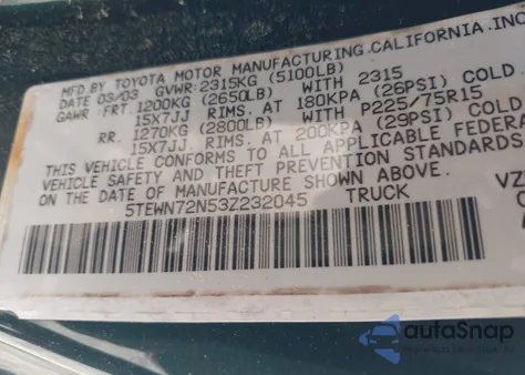 2003 Toyota Tacoma Base V6 из США, поврежденный, VIN 5TEWN72N53Z232045